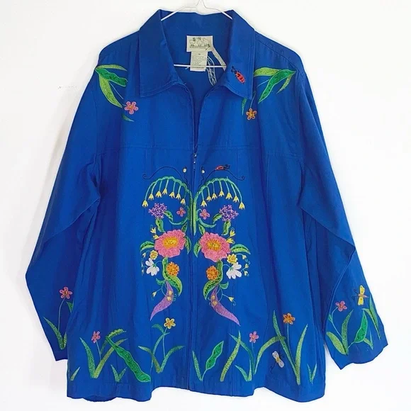 Vtg THE QUACKER FACTORY Colorful Embroidered Floral zip up Top Womens size 1X - Picture 16 of 16